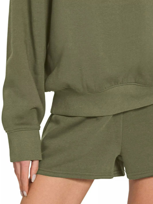 Zenana Fleece Long Sleeve Sweatshirts & Shorts Set DK OLIVE / S 