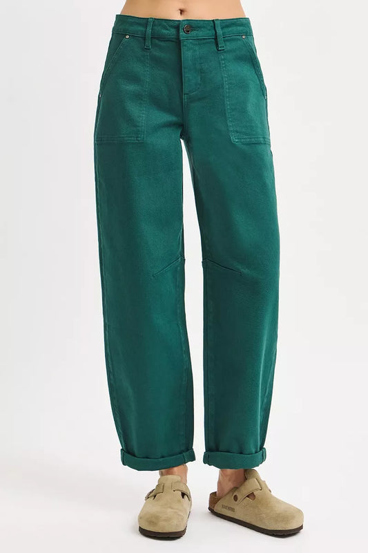 RISEN High Rise Ankle Cuffed Barrel Pants HUNTER GREEN / 0 