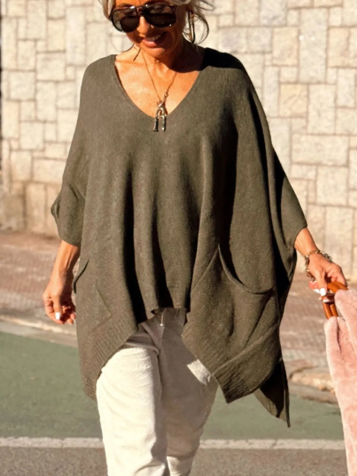 Ribbed Hem V-Neck Sweater Green / S/M 