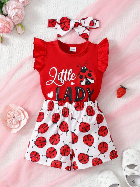 Children's Headband, Round Neck Ruffle Sleeve Top and Pants Set Red / 6-9M 