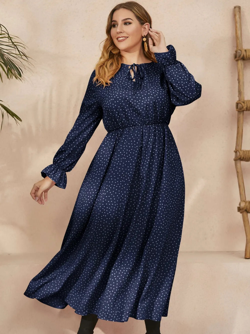 Honey Plus Size Ruffled Polka Dot Long Sleeve Midi Dress Navy / 0XL 