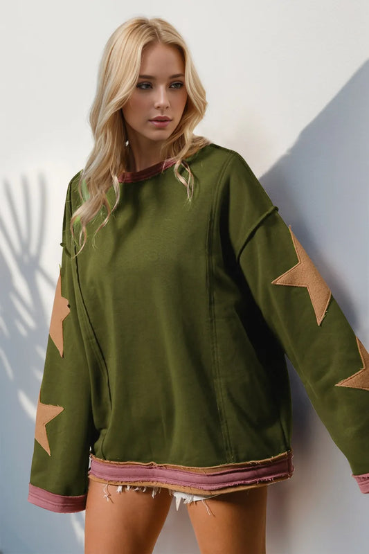 Double Take Star Patched Long Sleeve Sweatshirt Moss / S 