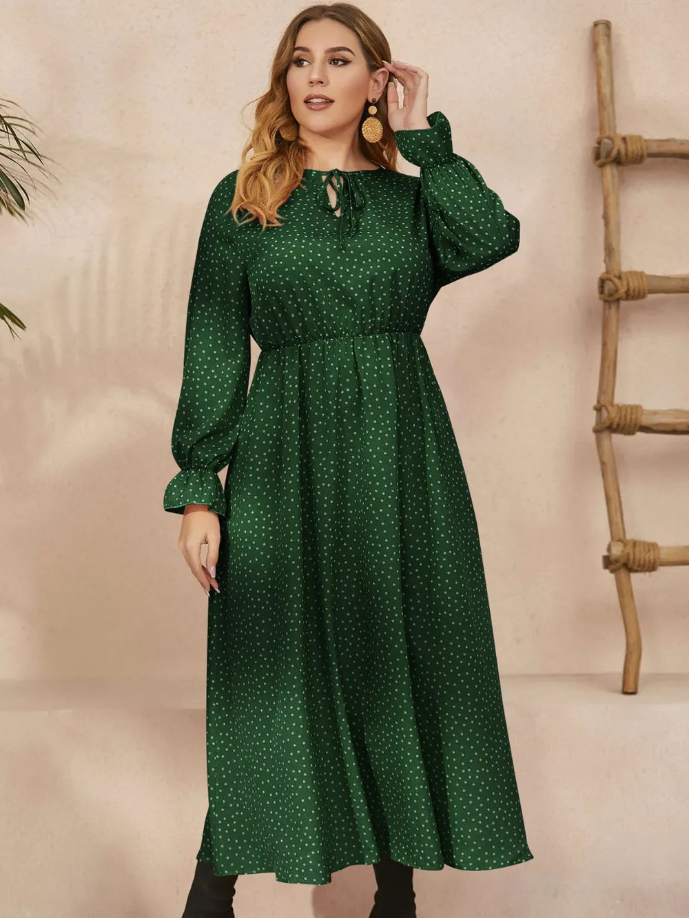 Honey Plus Size Ruffled Polka Dot Long Sleeve Midi Dress Navy / 0XL 