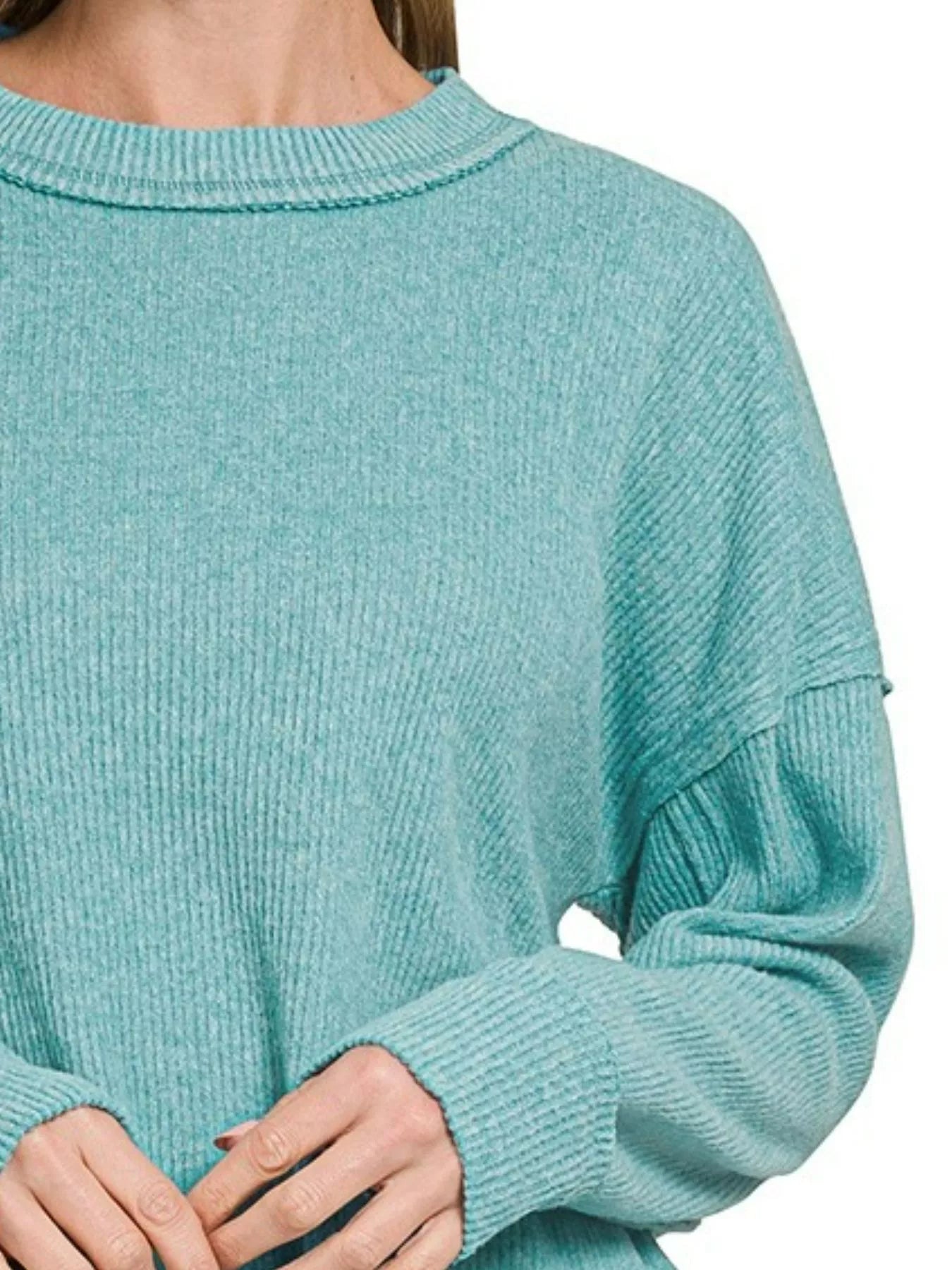Zenana Brushed Ribbed Hacci Drop Shoulder Sweater DUSTY TEAL / S/M 