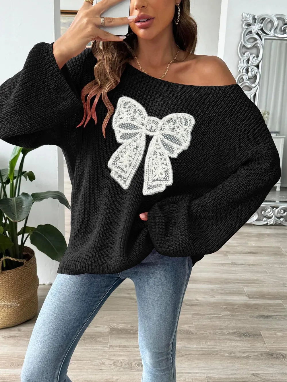 Bow Boat Neck Long Sleeve Sweater Blush Pink / S 