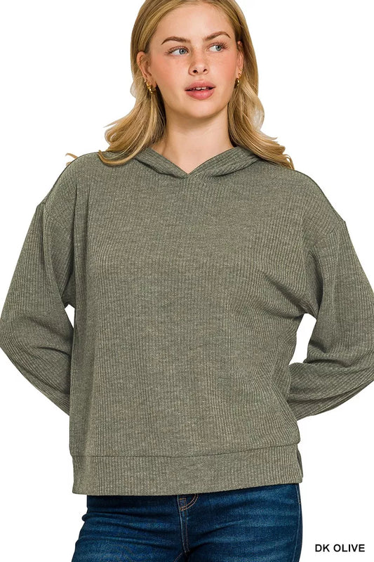 Zenana Ribbed Long Sleeve Hoodie DK OLIVE / S 