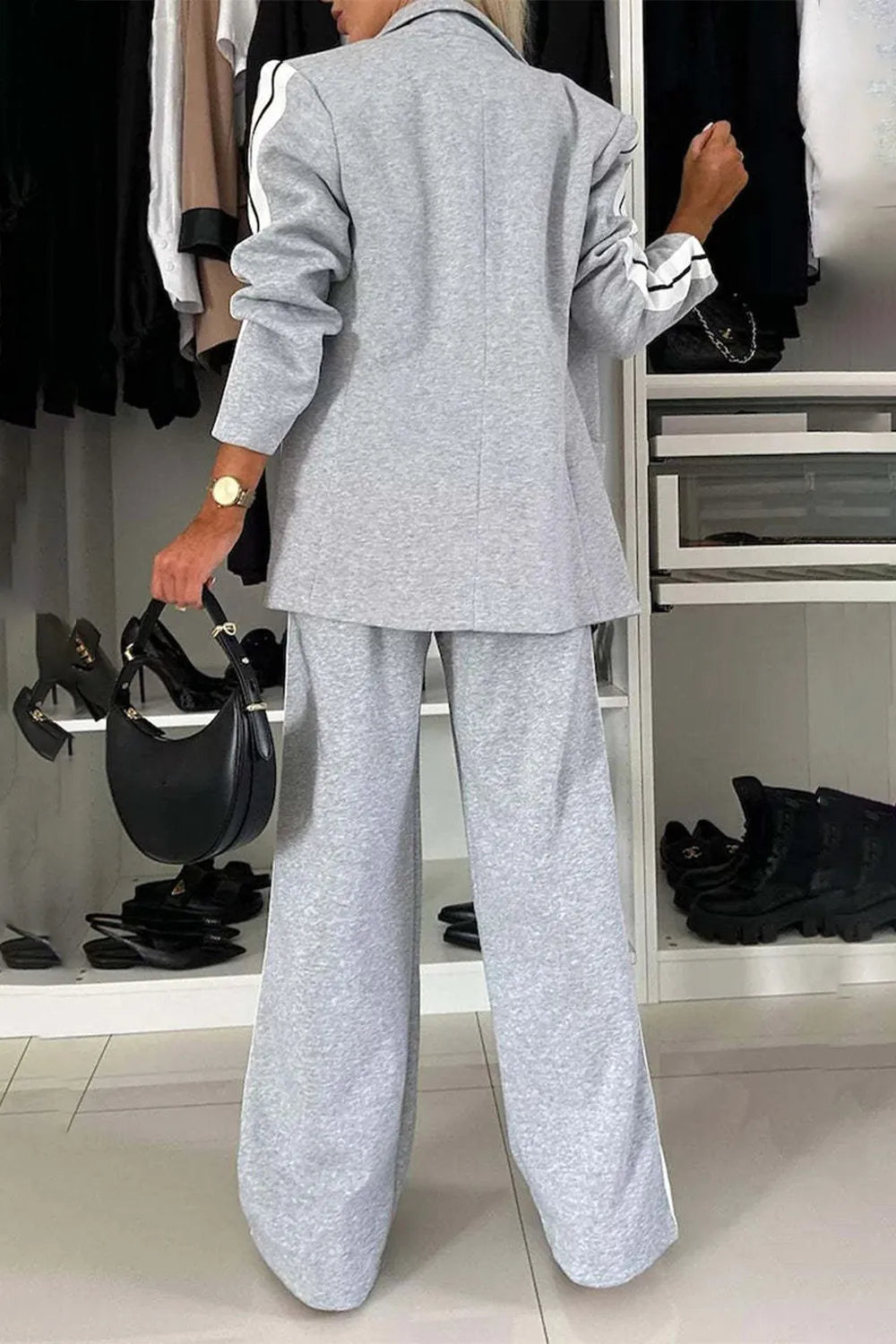 Full Size Contrast Lapel Collar Top and Pants Set Light Gray / S 