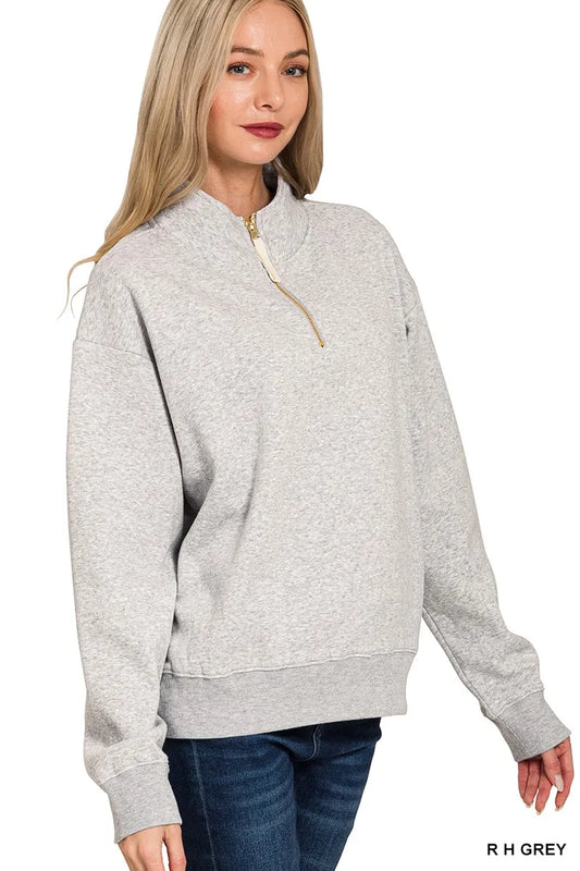 Zenana Fleece Half Zip Sweatshirt R H GREY / S 