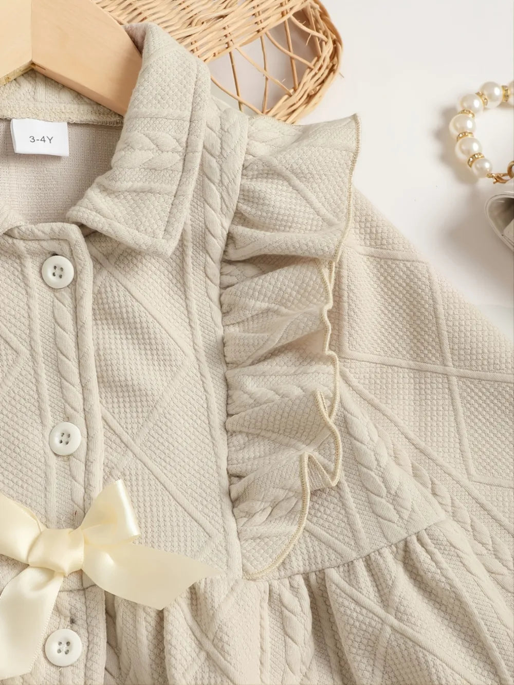 Children's Ruffled Bow Collared Neck Dress Beige / 12-18M 