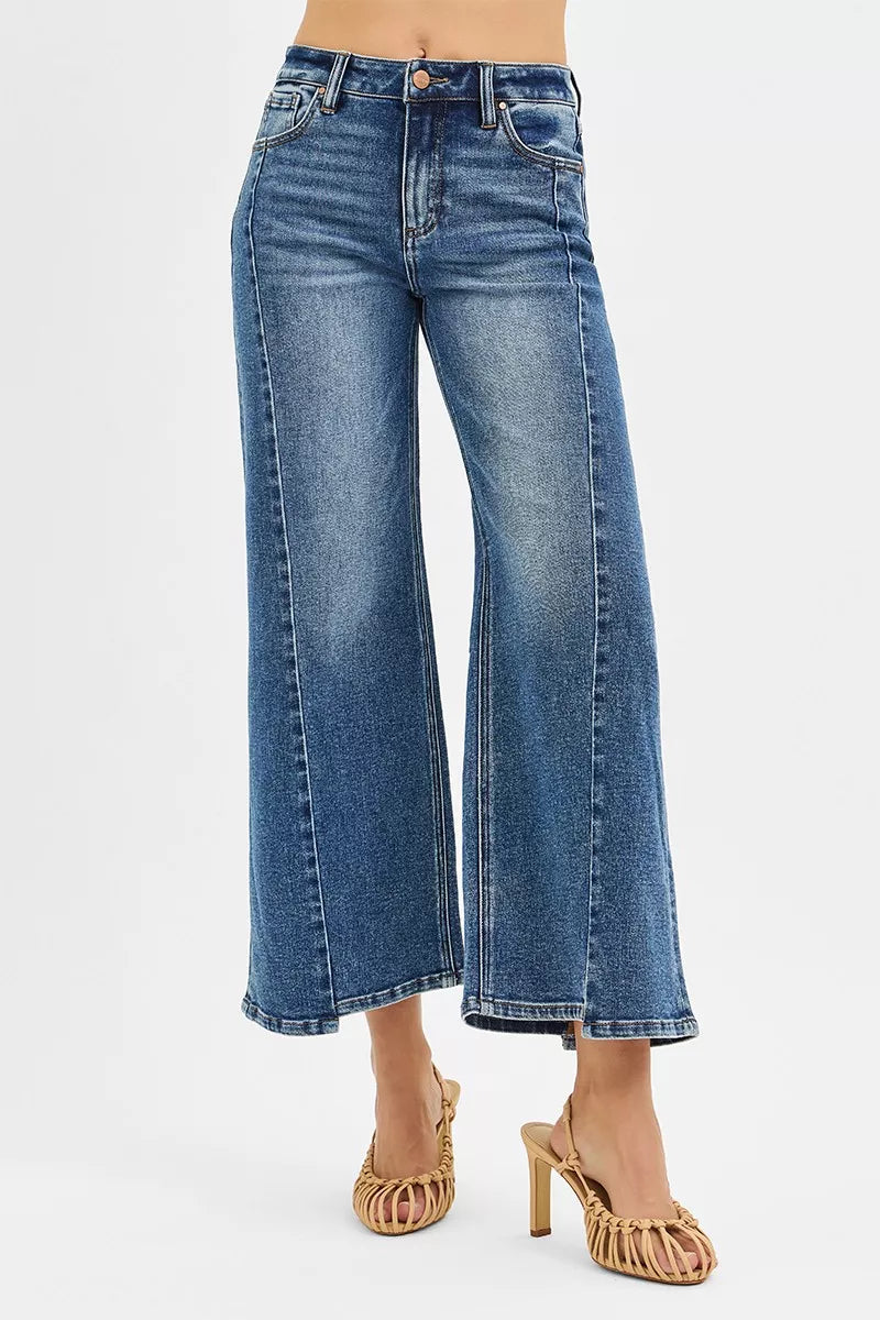 RISEN High Rise Crop Wide Leg Jeans with Step Hem DARK / 0 