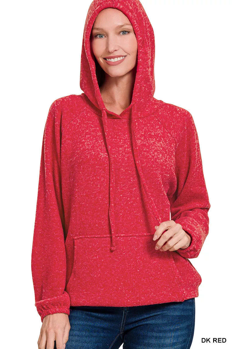 Zenana Brushed Hacci Melange Hooded Sweater DK RED / S 