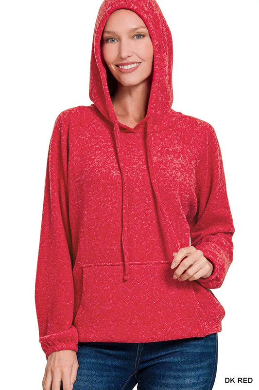 Zenana Brushed Hacci Melange Hooded Sweater DK RED / S 