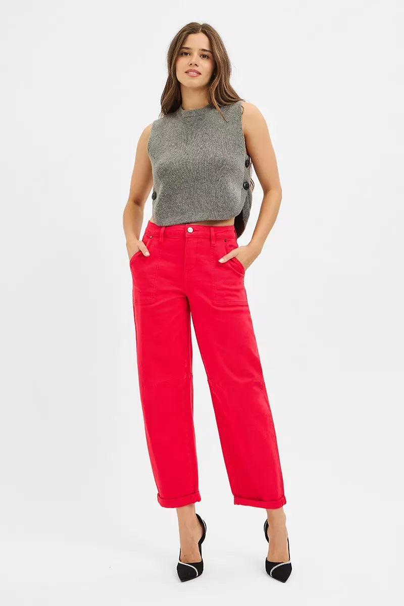 RISEN High Rise Ankle Cuffed Barrel Pants SCARLET / 0 