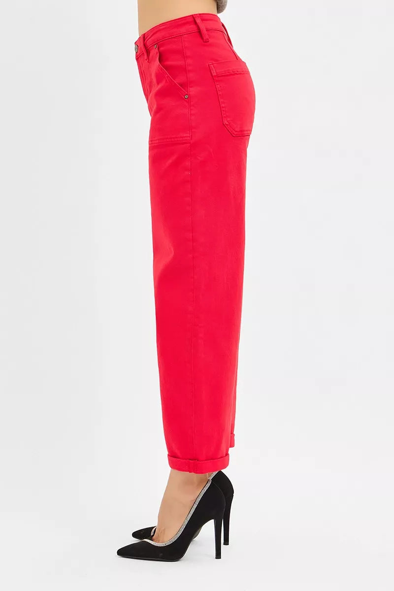 RISEN High Rise Ankle Cuffed Barrel Pants SCARLET / 0 