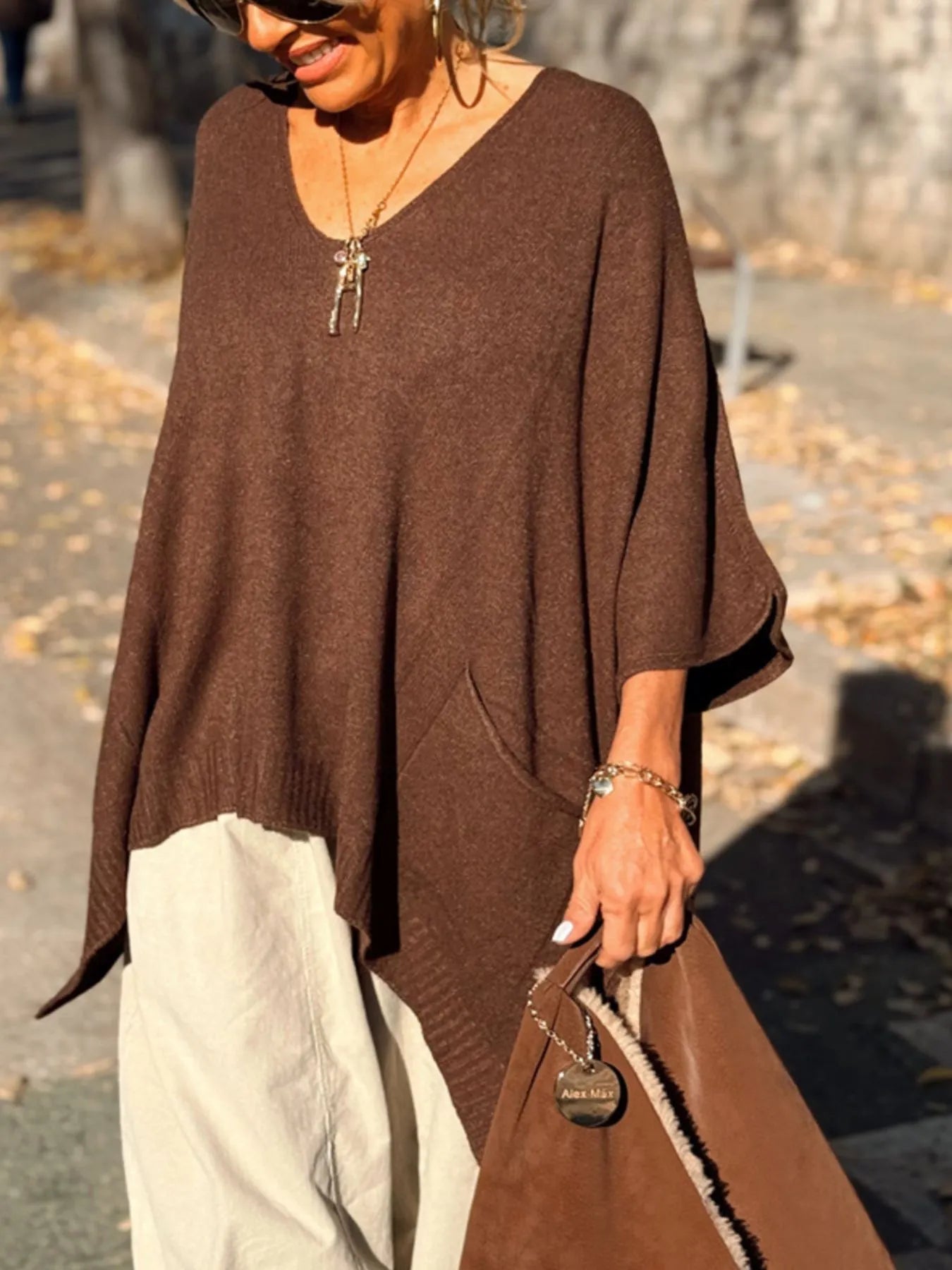 Ribbed Hem V-Neck Sweater Green / S/M 