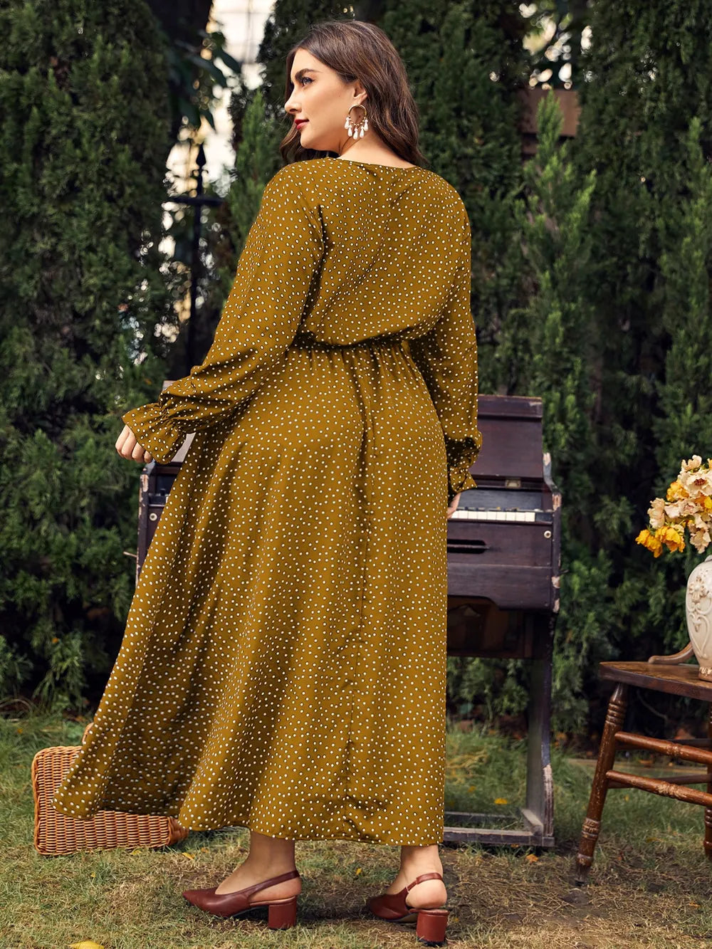 Honey Plus Size Ruffled Polka Dot Long Sleeve Midi Dress Navy / 0XL 
