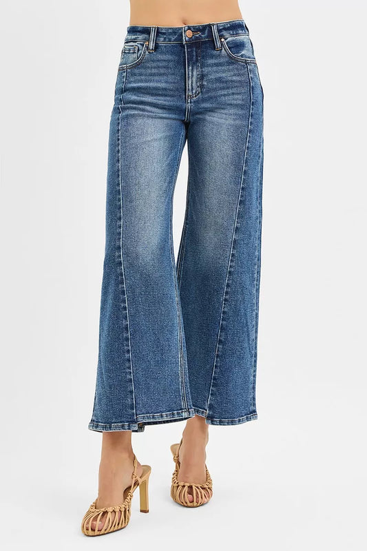 RISEN High Rise Crop Wide Leg Jeans with Step Hem DARK / 0 
