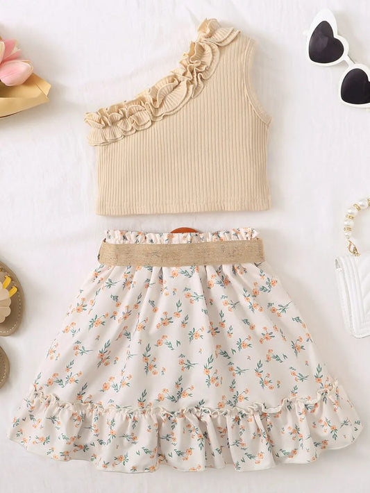 Single Shoulder Top and Printed Skirt Set Tan / 18-24M 