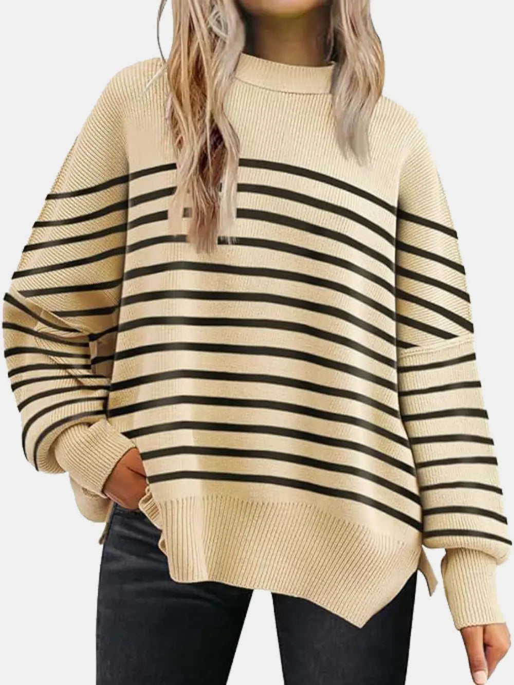 Round Neck Drop Shoulder Slit Sweater Sage / S 