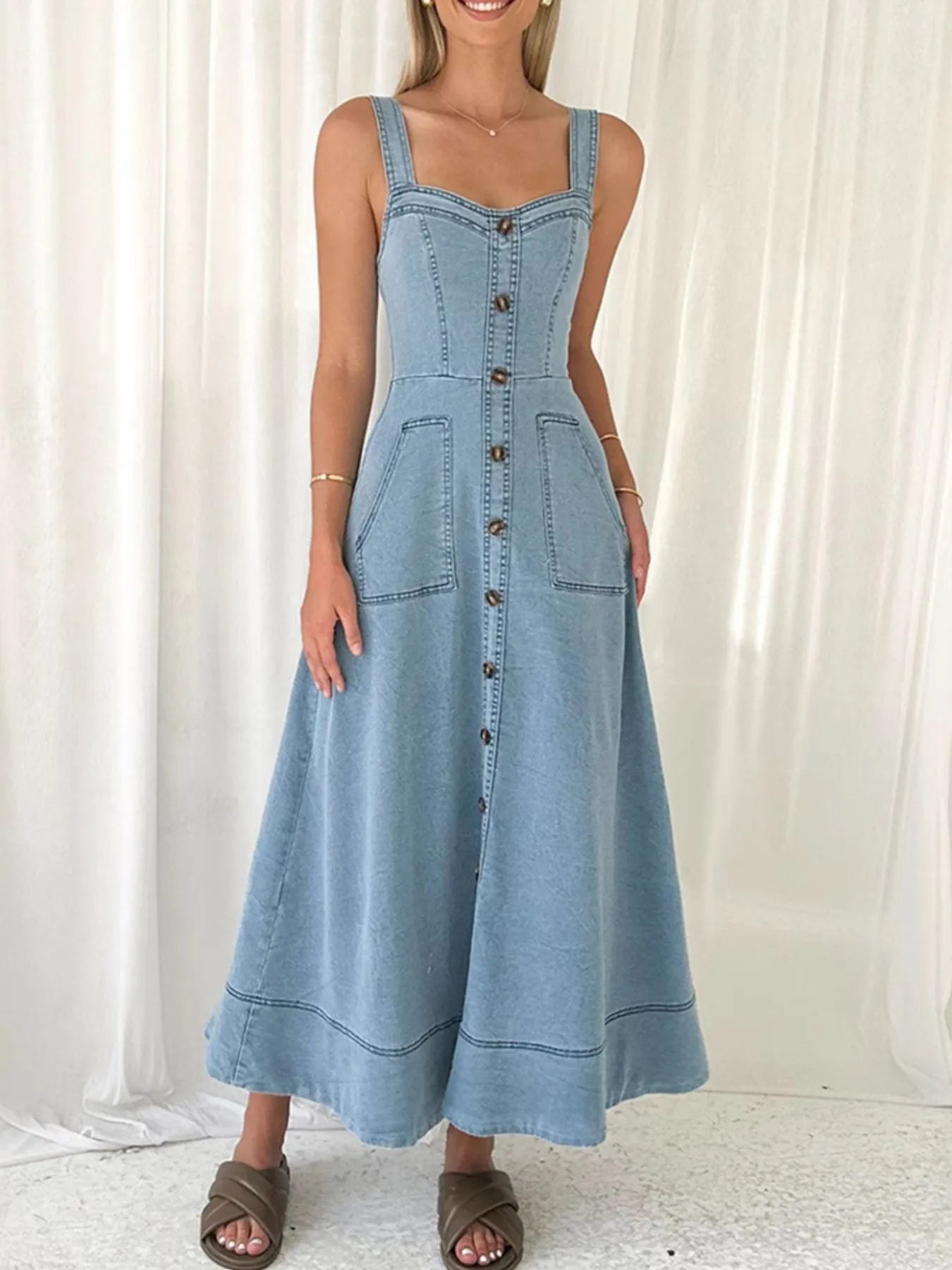 Wide Strap Sweetheart Neck Denim Dress Light Blue / S 