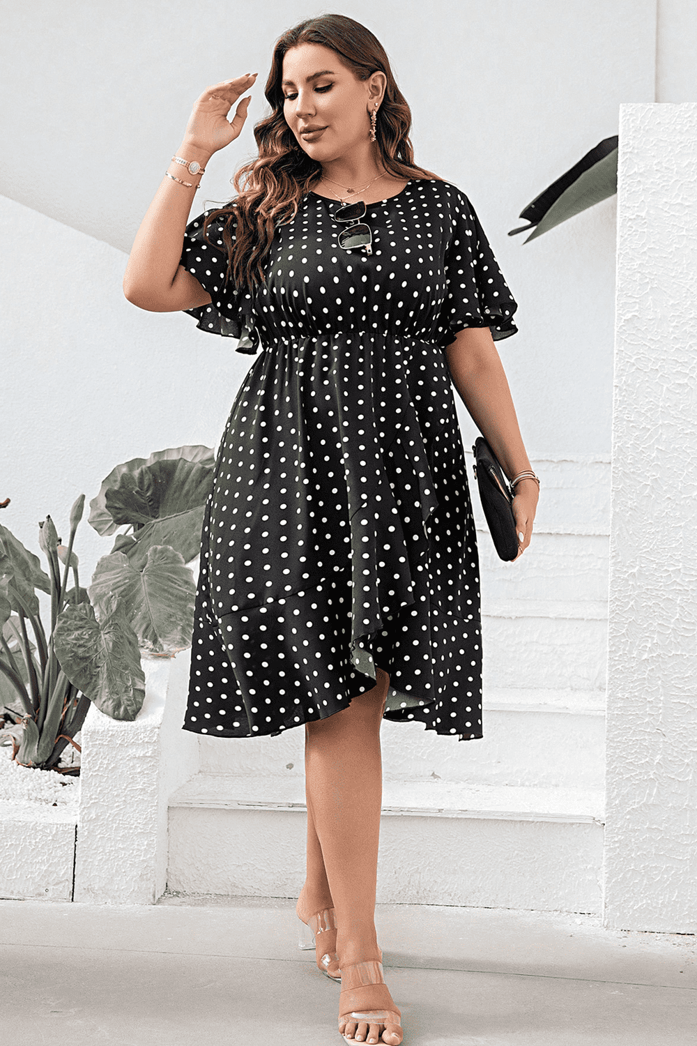 Plus Size Polka Dot Flutter Sleeve Dress Black / 1XL 