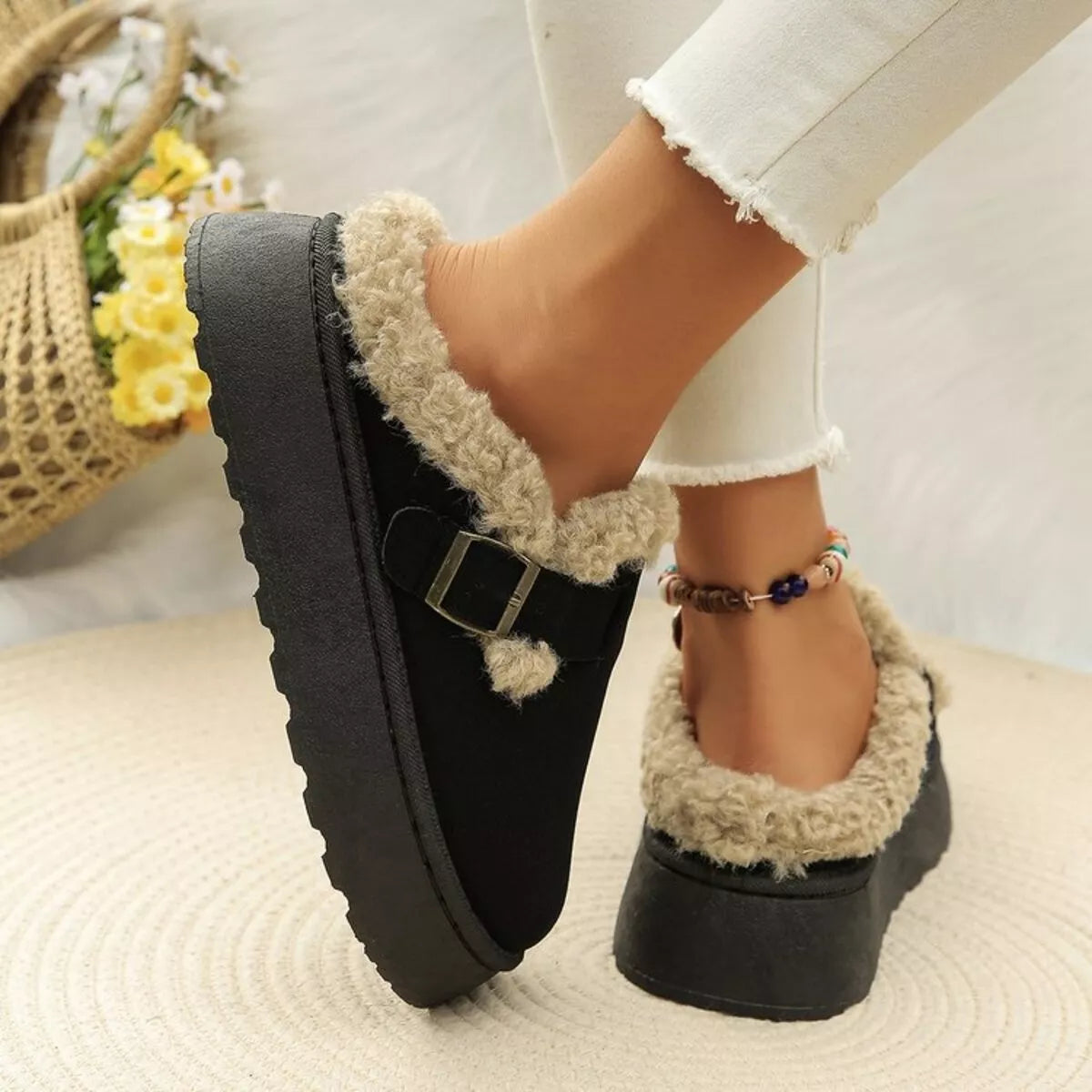 Round Toe Platform Fleece-Lined Slip-Ons Black / 36 