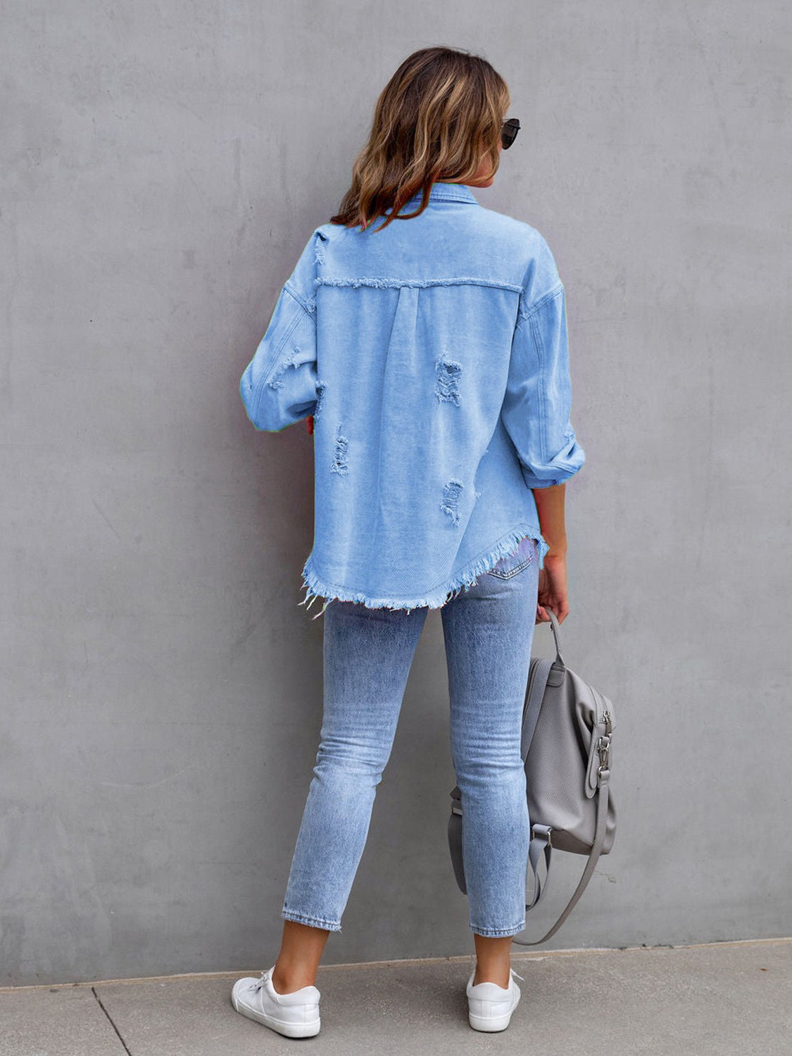 Distressed Drop Shoulder Denim Jacket Fuchsia Pink / S 