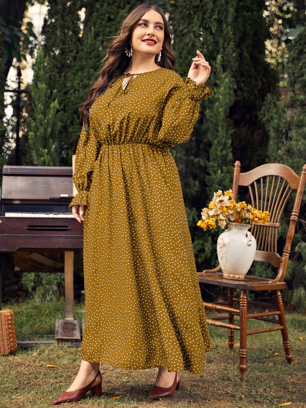 Honey Plus Size Ruffled Polka Dot Long Sleeve Midi Dress Navy / 0XL 