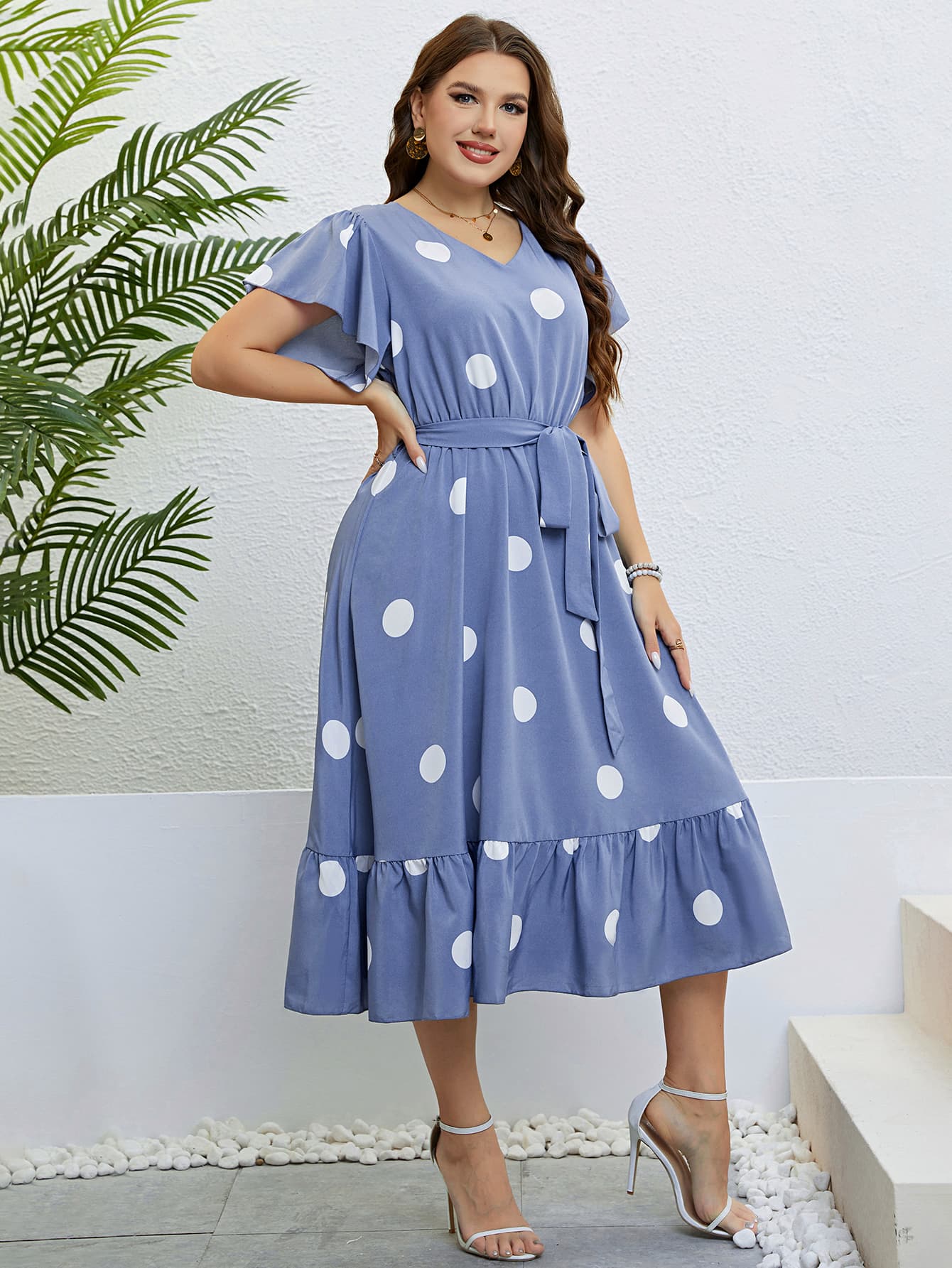 Honey Polka Dot Belted Flutter Sleeve Ruffle Hem Dress Blue Purple / 1X 