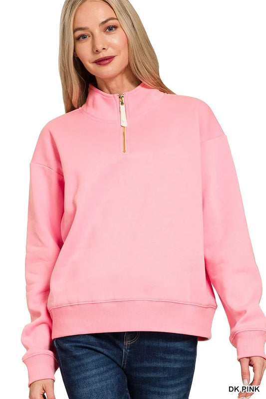 Zenana Fleece Half Zip Sweatshirt DK PINK / S 