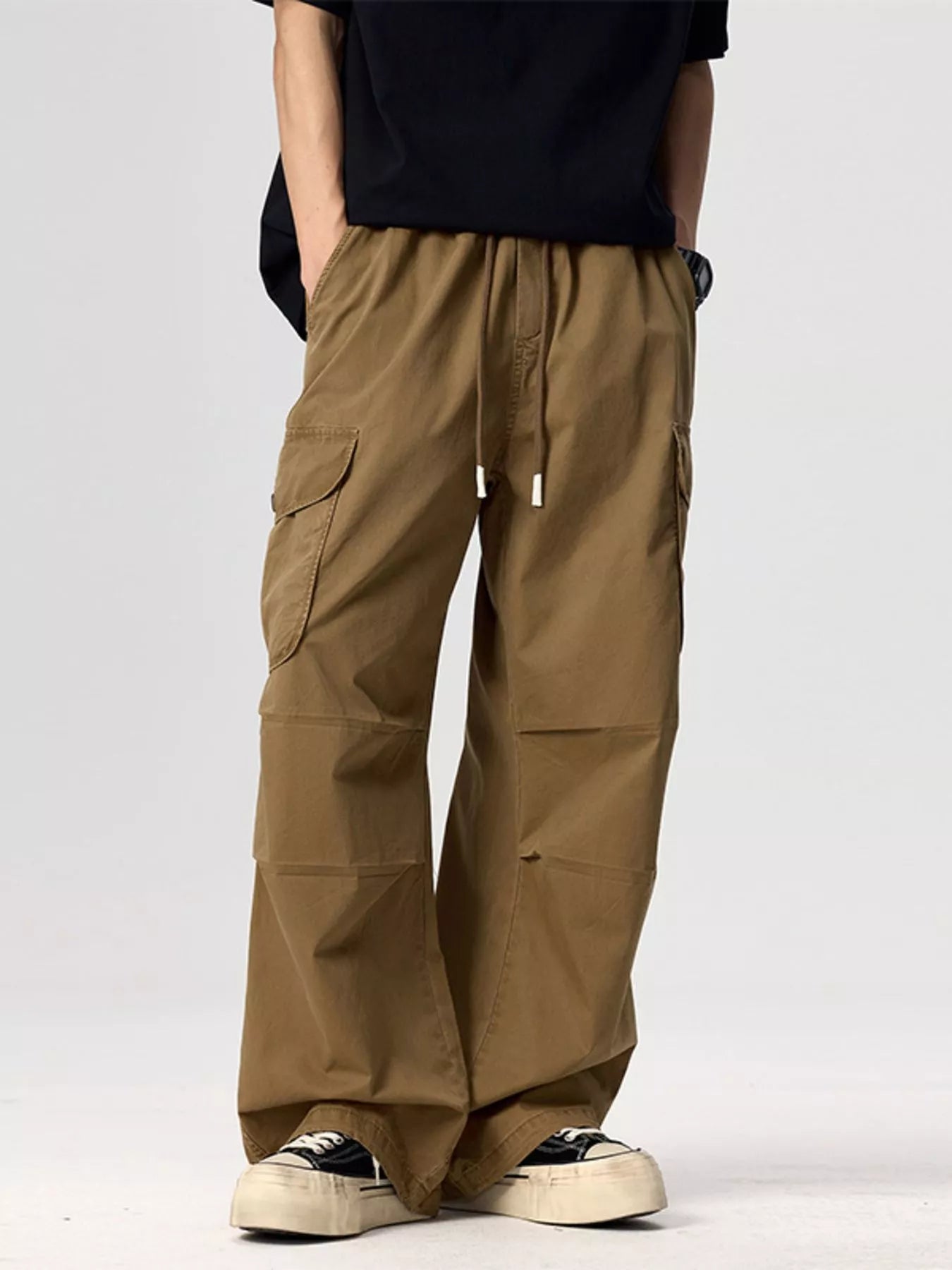 Men's Plus Size Drawstring Wide Leg Cargo Pants Deep Khaki / M 