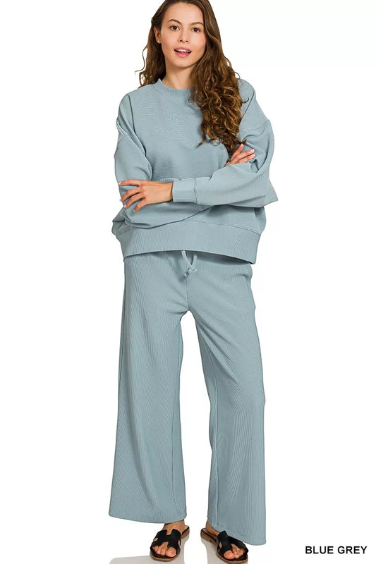 Zenana Ribbed Round Neck Pullover and Drawstring Pants Set BLUE GREY / S 
