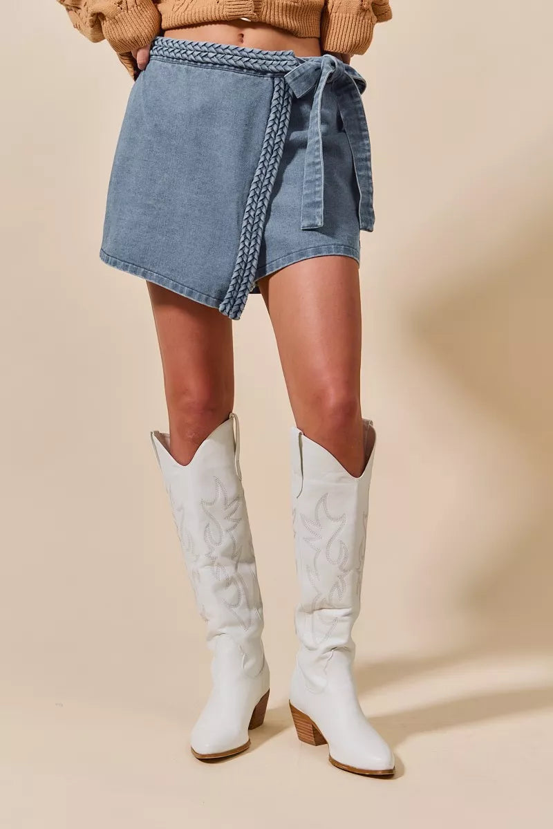 SO ME Wrap Braided Trimmed Denim Skort BLUE / S 