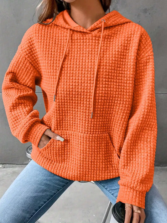 Waffle Knit Drawstring Long Sleeve Hoodie Orange / S 