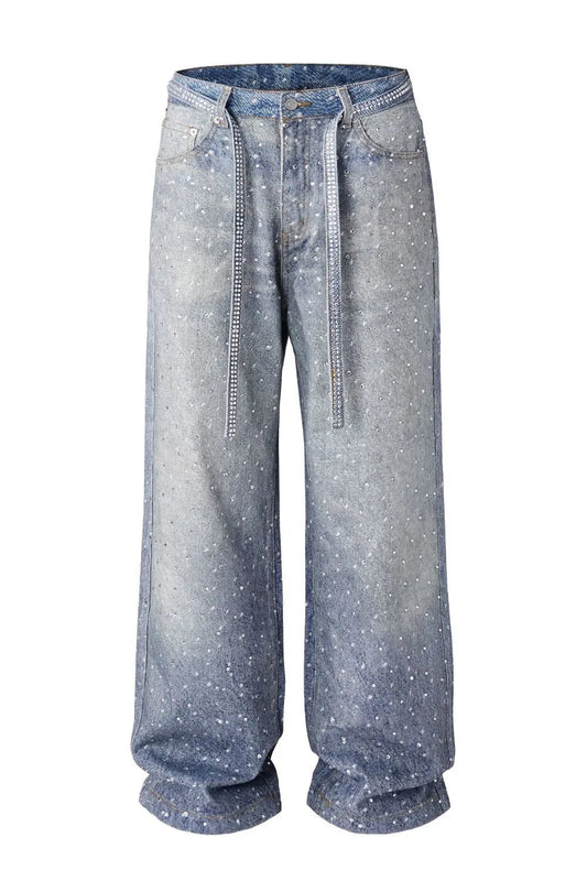 Men's Washed Rhinestone Jeans with Rhinestone Belt Medium / M 