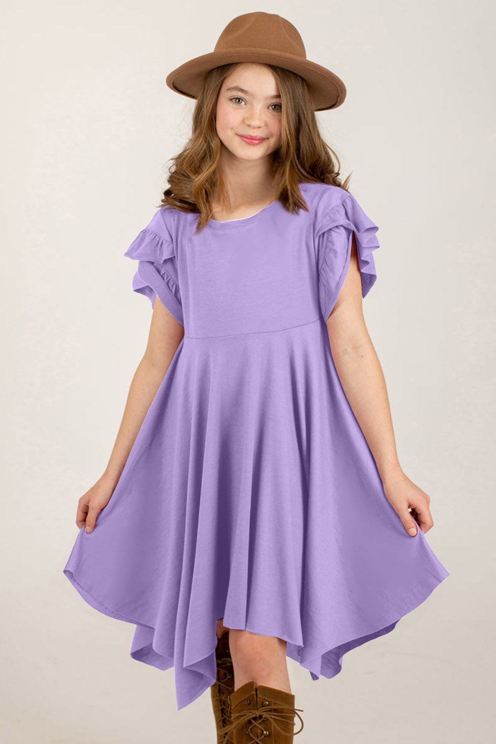 Round Neck Petal Sleeve Dress Lavender / S 