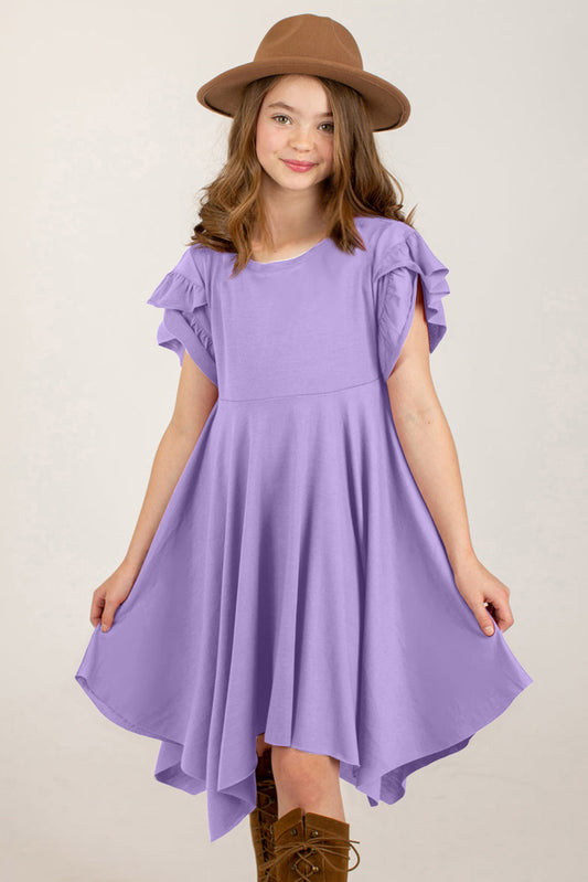 Round Neck Petal Sleeve Dress Lavender / S 