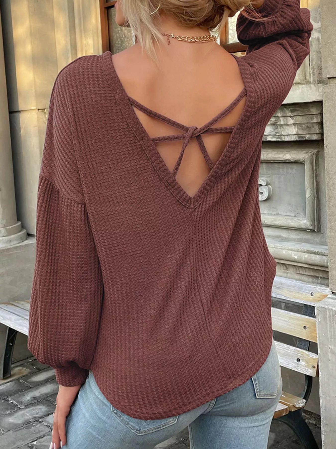 Waffle Knit Round Neck Top Gray / S 