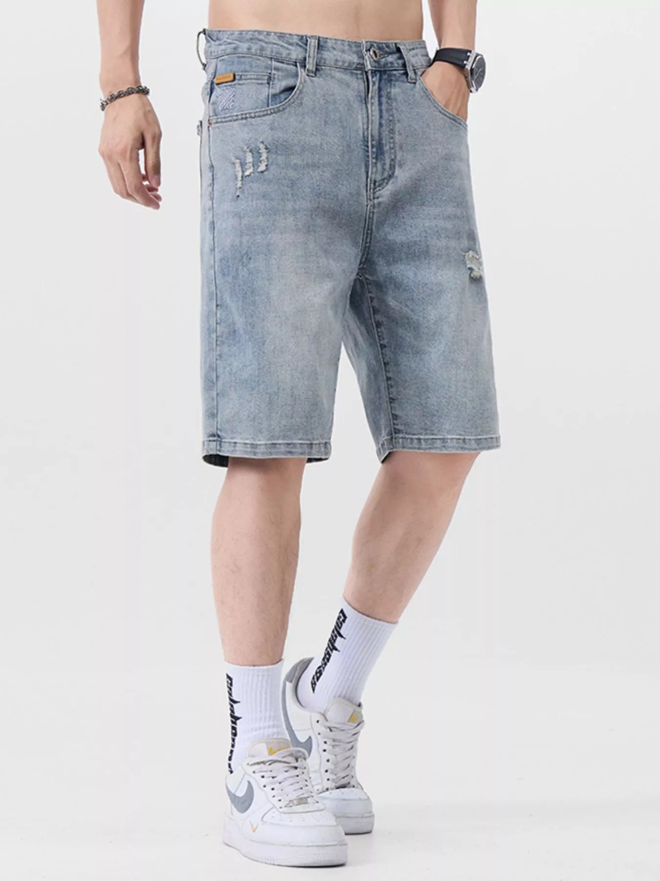 Men's Distressed Denim Shorts Light Blue / 28 
