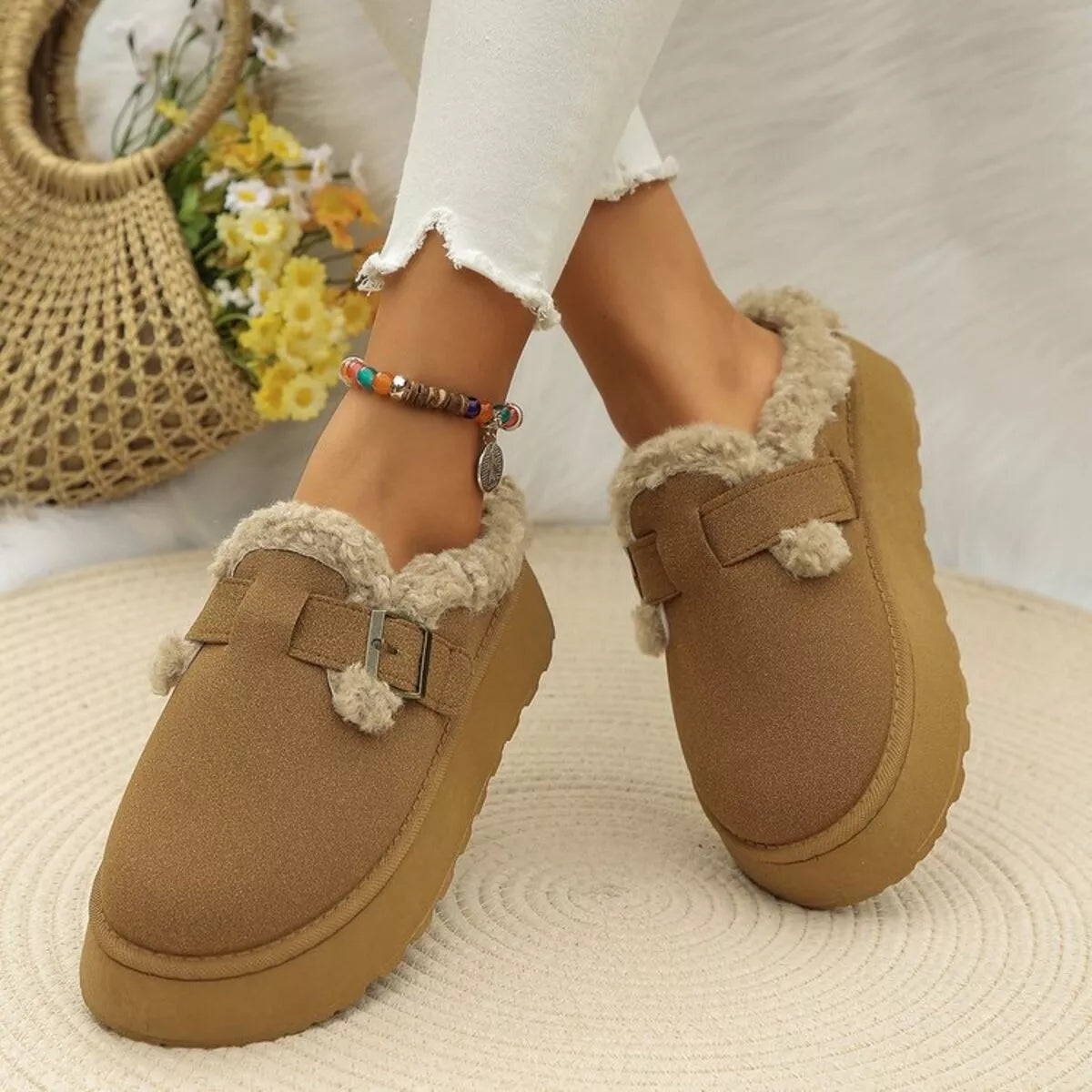Round Toe Platform Fleece-Lined Slip-Ons Black / 36 