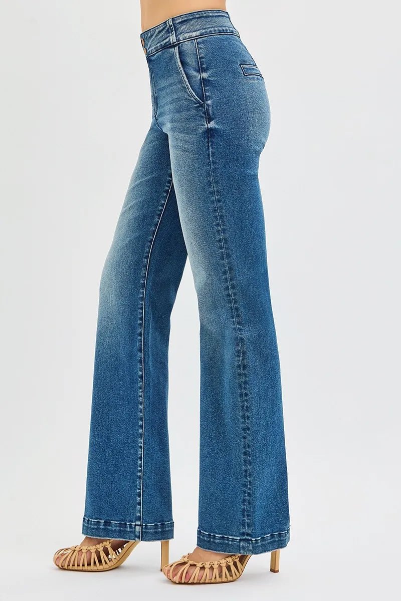 RISEN Full Size Tummy Control High Rise Bootcut Jeans with Double Button Waistband Plus Size DARK / 0 