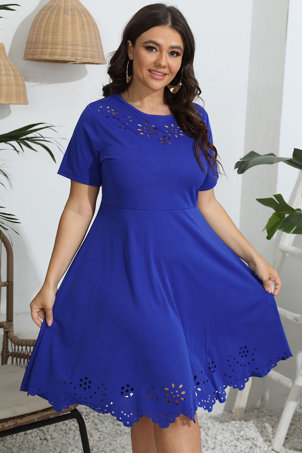 Plus Size Round Neck Openwork Dress Deep Red / L 