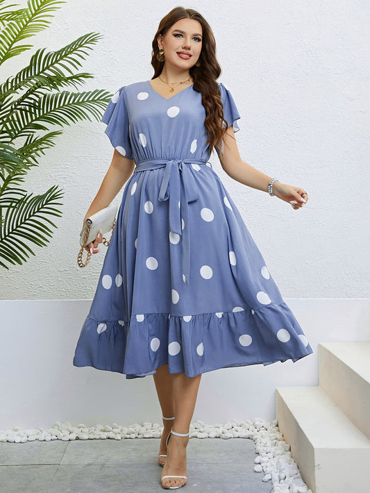 Honey Polka Dot Belted Flutter Sleeve Ruffle Hem Dress Blue Purple / 1X 