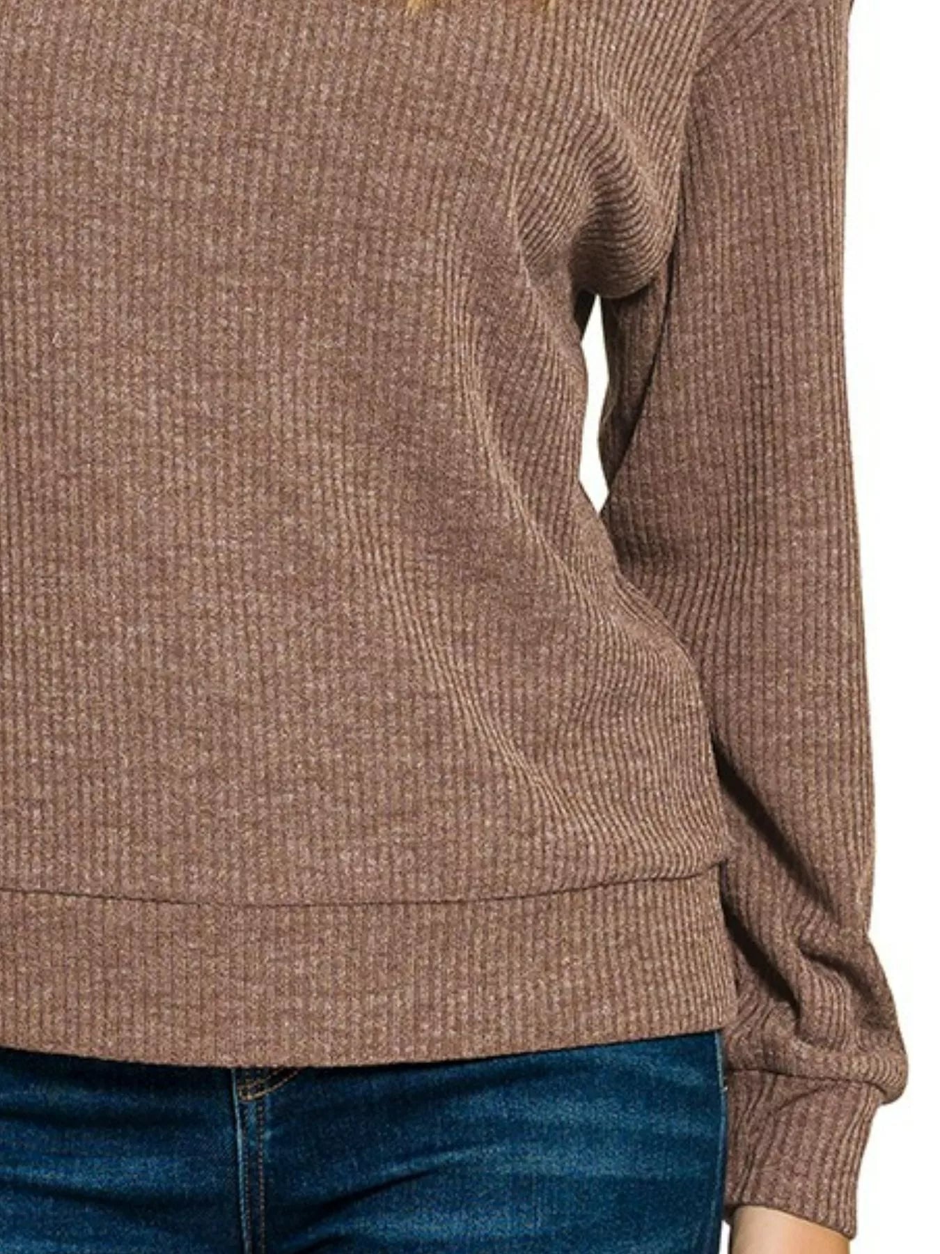 Zenana Ribbed Long Sleeve Hoodie BROWN / S 