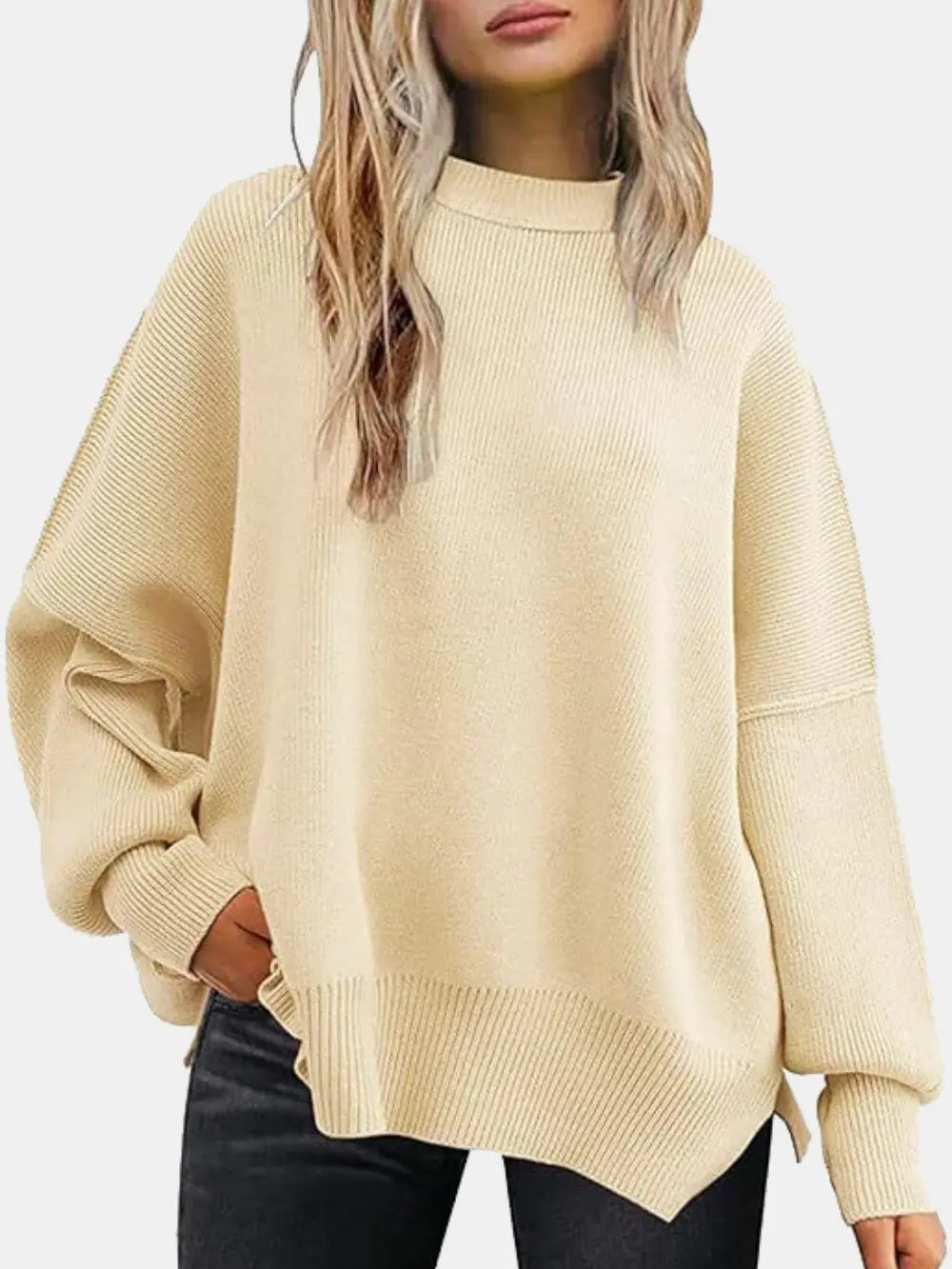 Round Neck Drop Shoulder Slit Sweater Sage / S 