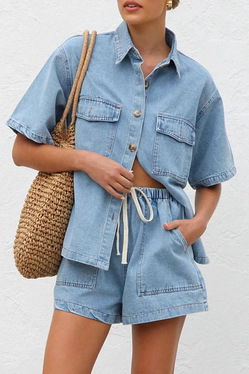 Collared Neck Button Up Top and Shorts Denim Set Medium / S 