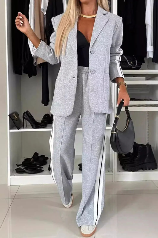 Full Size Contrast Lapel Collar Top and Pants Set Light Gray / S 