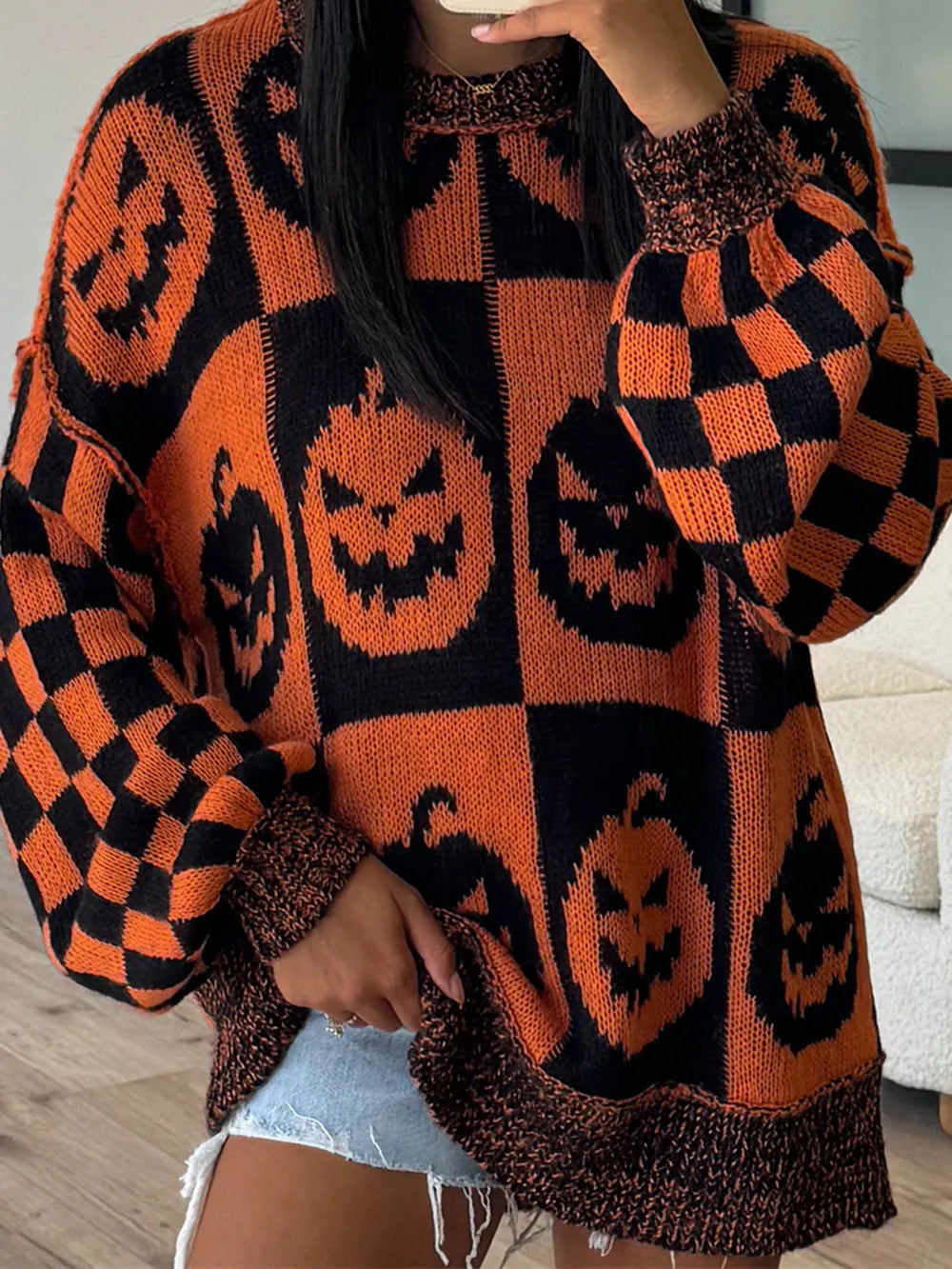 Exposed Seam Pumpkin Round Neck Long Sleeve Sweater Ochre / S 