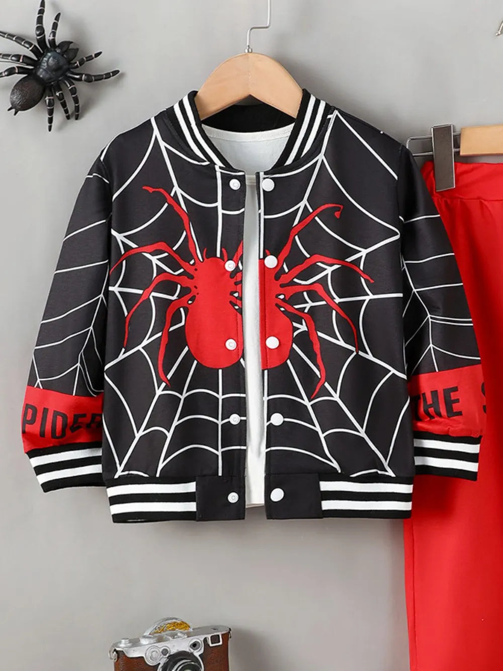 Spider Baseball Collar Top and Pants Set Black/Red / 4Y 