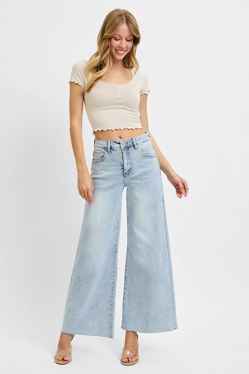 RISEN Full Size High Rise Ankle Wide Palazzo Jeans Plus Size LIGHT / 0 